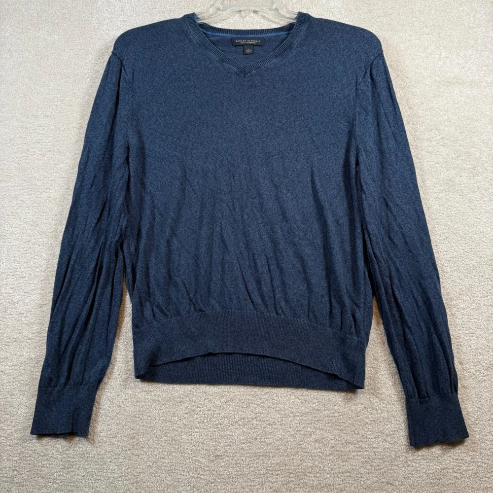 Banana Republic V-Neck Sweater Mens Large‎ Blue Silk Cashmere Blend Long Sleeve